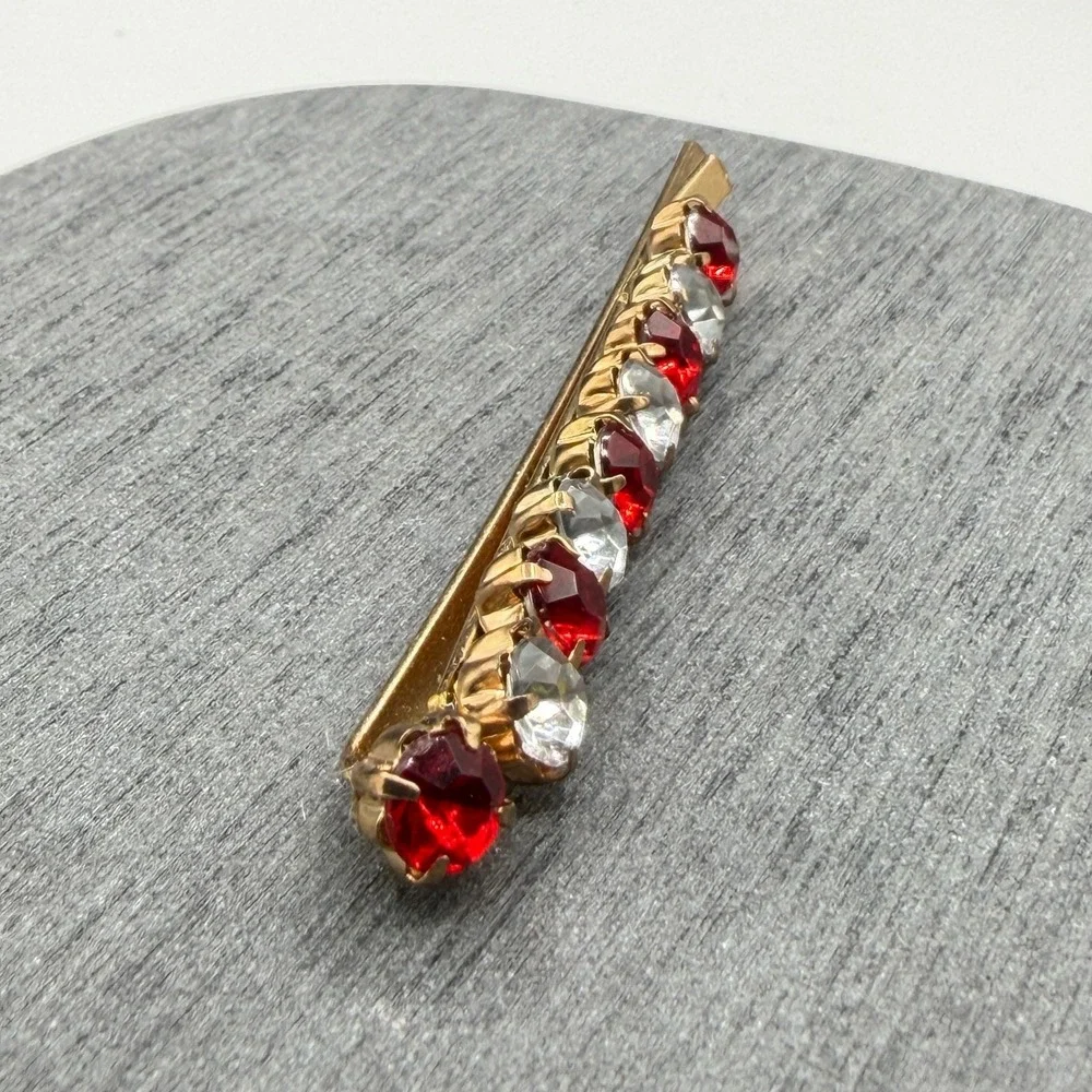 Gold Tone Red Clear Rhinestone Hair Barrette Clip Prong Set Bridal Accessory